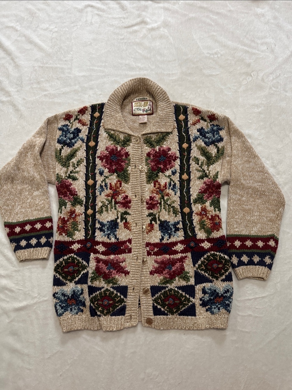 Crystal Kobe vintage cottage-core Beige Floral Button-Up Cardigan Sweater